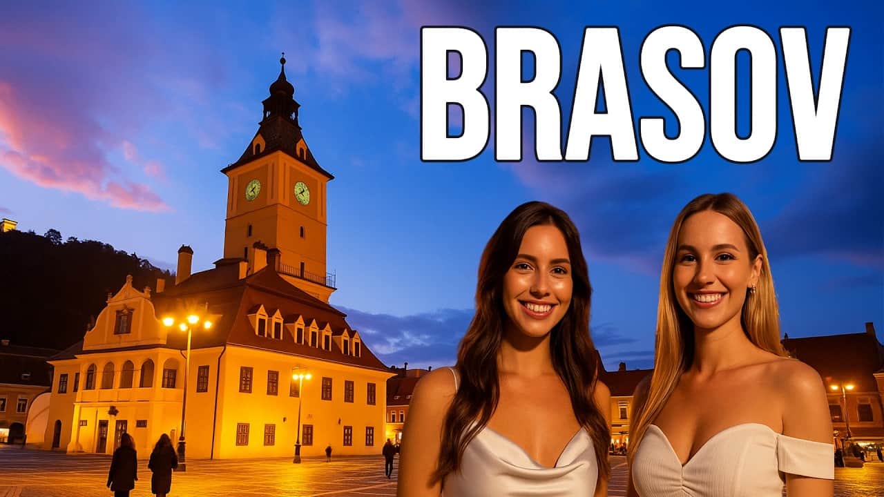 Brasov, Romania Akşam Yürüyüş Turu - Muhteşem Manzaraları of a Medieval City 4K 60fps